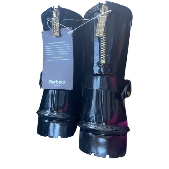 NEW Barbour International Women Black High Gloss Ankle Wellies Rain Boots 9M - Picture 8 of 8